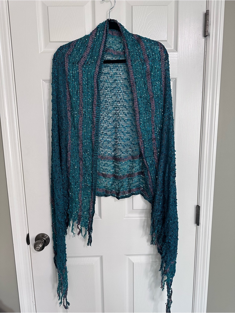 Teal Woven Scarf With Sequins and Fringe
